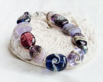 OOAK Purple Lampwork Glass Bead Bracelet with Magnetic Clasp, Modern Jewellery Handmade by Judith Johnston, Gift For Her