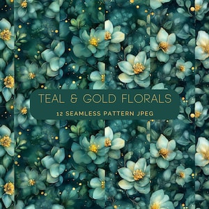 Könnte beinhalten: Nahtloses Muster mit floralen Designs in Teal und Gold. Das Muster ist perfekt für die Erstellung digitaler oder gedruckter Produkte wie Tapeten, Stoffe oder Geschenkpapier.