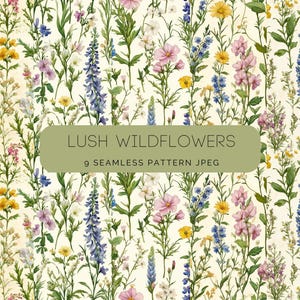 Watercolor Lush Wild Flowers Seamless Pattern, Floral JPEG, Repeating Pattern Meadow, Digital Repeating Pattern, Scrapbook Digital Paper