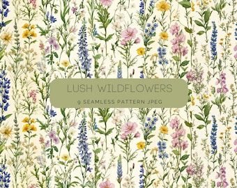 Watercolor Lush Wild Flowers Seamless Pattern, Floral JPEG, Repeating Pattern Meadow, Digital Repeating Pattern, Scrapbook Digital Paper