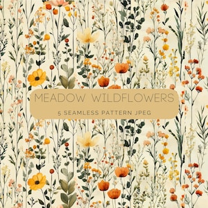 Watercolor Meadow Wildflowers Seamless Pattern, Floral JPEG, Vintage Wild Flowers, Digital Repeating Pattern, Scrapbook Digital Paper