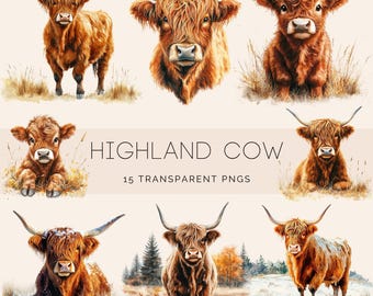 Watercolor Highland Cow Clipart bundle, 15 PNG Cute Animals Graphics, Watercolor Clipart Bundle Commercial Use