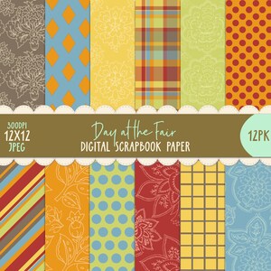 Digital Paper Pack - Day At The Fair - 12pk Shabby Scrapbook Junk Journal Printable Vintage 12x12 Ephemera Decoupage DIY Boho