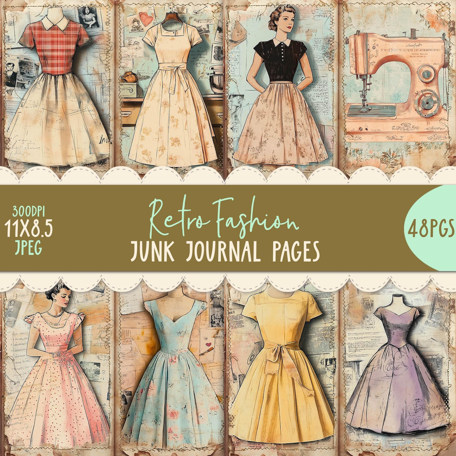 Digital Junk Journal Pages 1950's Retro Sewing Fashion Dress 48pk ...