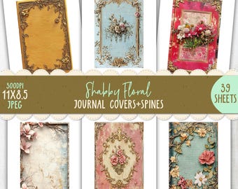 May include: A collection of six journal covers and spines with a shabby floral theme. The covers feature ornate gold frames and floral designs in various colors, including pink, blue, and yellow. The text "Shabby Floral JOURNAL COVERS+SPINES" is displayed.