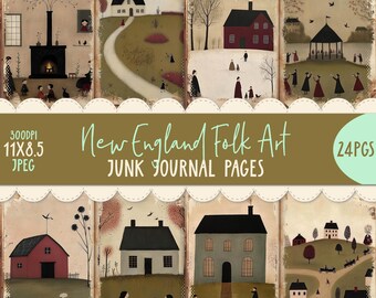 New England Americana Folk Art 24pk Digital Junk Journal Pages Journaling Kit Printable Vintage 11x8.5 Ephemera Decoupage Prim Country Craft