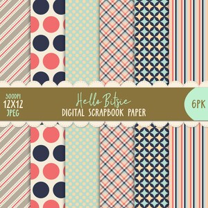 Puede incluir: Conjunto de seis papeles digitales para scrapbooking con varios patrones, incluyendo lunares, rayas y cuadros. Los papeles están en una gama de colores pastel con tonos de rosa, azul y amarillo. El texto "Hello Bitsie Digital Scrapbook Paper" se muestra en una pancarta marrón.