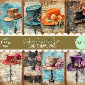 May include: Vintage junk journal pages featuring 24 images of colorful hats with floral embellishments. The pages are 11x8.5 inches and 300 DPI.