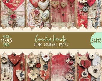 Digital Junk Journal Pages Valentine's Day Country Hearts 24pk Shabby Prim Paper Printable Vintage 11x8.5 Decoupage Scrapbook Journaling Kit