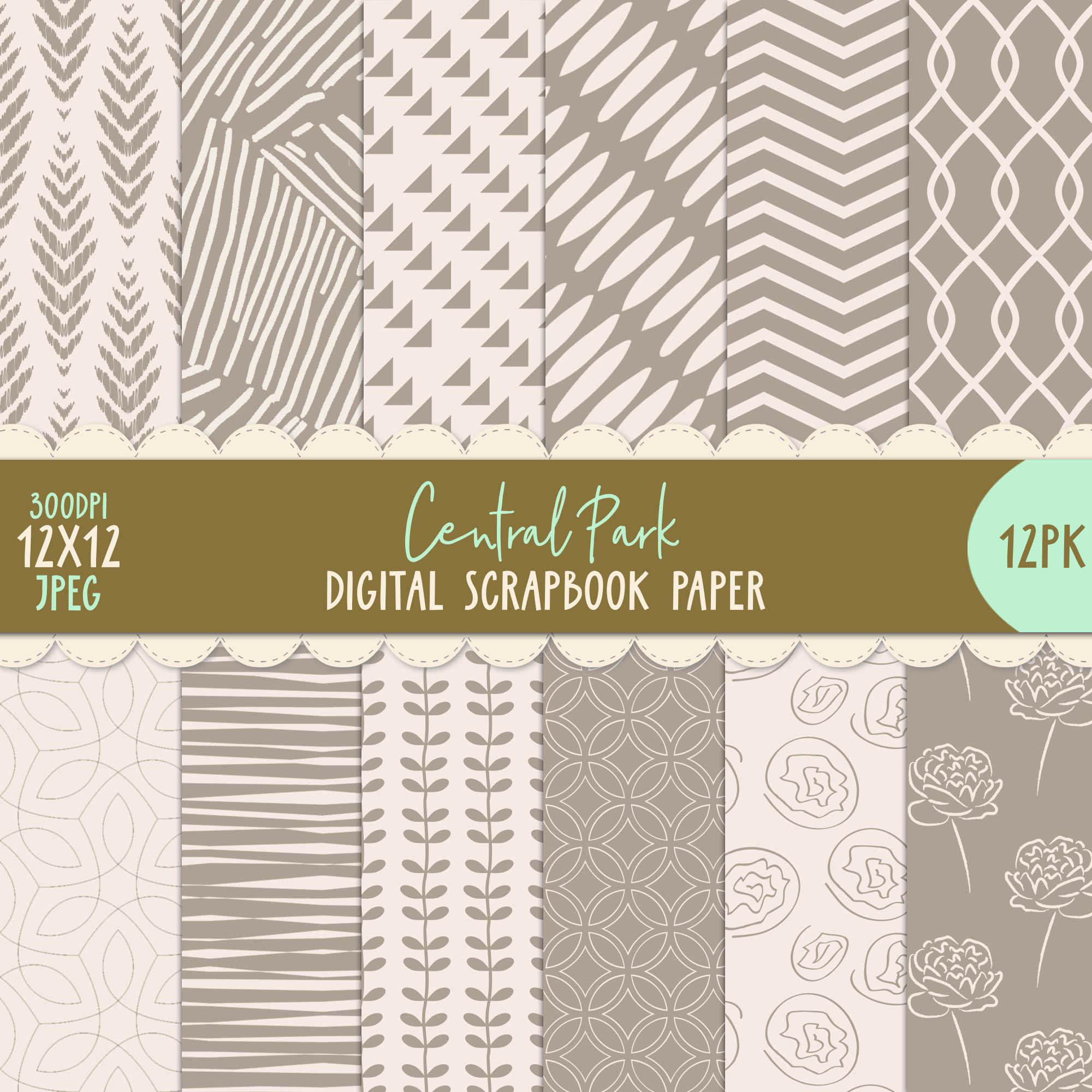 Digital Paper Pack - Central Park - 12pk Shabby Scrapbook Junk Journal Printable Vintage 12x12 Ephemera Decoupage DIY Boho