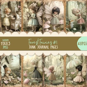 Digital Junk Journal Pages Forest Fairies 48pc Pastel Journaling Kit Printable Vintage 11x8.5 Ephemera Decoupage Woodland Scrapbook Paper