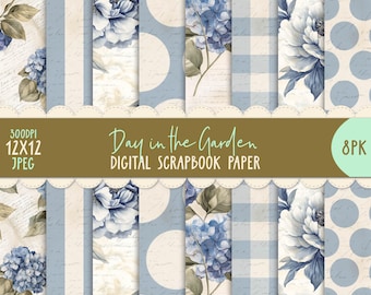 Digital Paper Pack - Day In The Garden - 8pk Shabby Scrapbook Junk Journal Printable Vintage 12x12 Ephemera Decoupage DIY