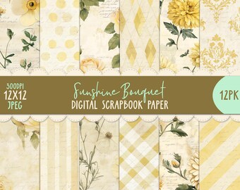 Digital Paper Pack - Sunshine Bouquet - 12pk Shabby Scrapbook Junk Journal Printable Vintage 12x12 Ephemera Decoupage DIY