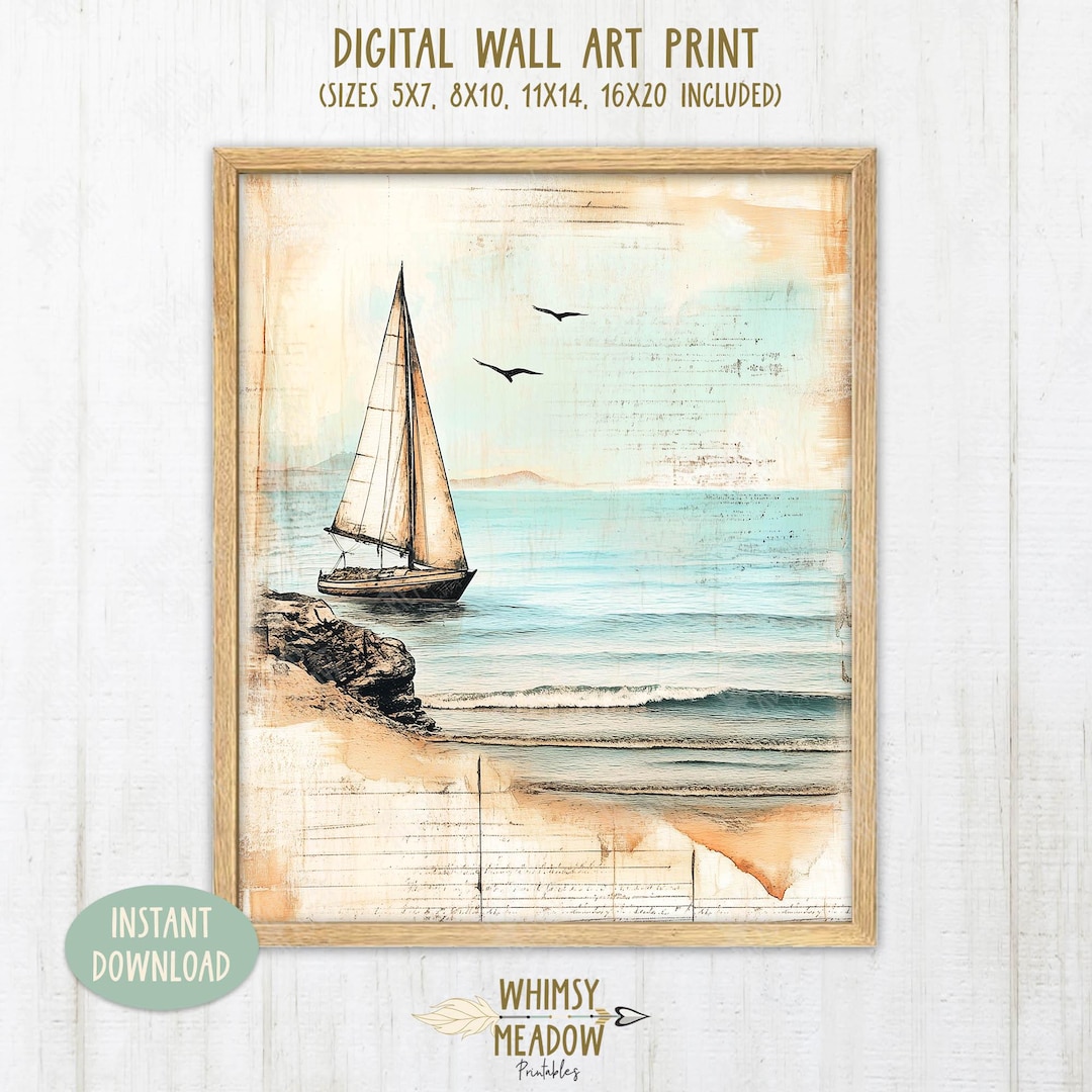 INSTANT DOWNLOAD Coastal Beach Sailboat Digital Wall Art Print 5x7 8x10 ...