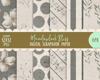 Digital Paper Pack - Meadowlark Bliss - 6pk Shabby Scrapbook Junk Journal Printable Vintage 12x12 Ephemera Decoupage DIY Boho