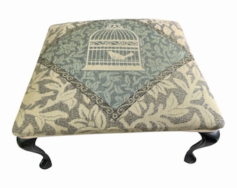 Vintage Bird Cage Tapestry Upholstered Footstool Ottoman Curved Brass Legs