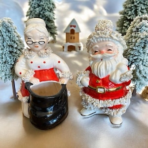 Vintage 1950s Mr & Mrs Santa Clause Planters Spaghetti Trim - NAPCO RARE