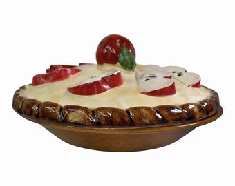 Vintage Ceramic Covered Apple Pie Plate Dish Keeper w/ Lid 1980's from Portugal