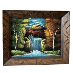 VTG 1970’s Black Velvet Landscape Oil Painting Hand Carved Wood Frame Mexico EUC
