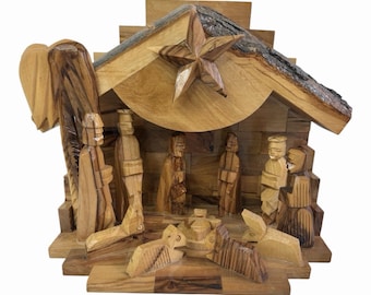 Nativity Hand Carved Olive Wood Crafted In Bethlehem MUSICAL Rotating Star
