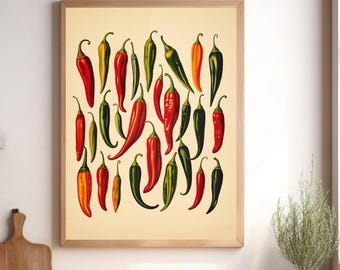 Chili Pepper Art Print: Mexican Peppers Wall Art, Retro Chiles Poster, Southwest Kitchen Decor