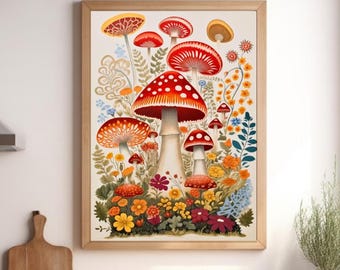 Retro Mushroom Print: Floral Mushroom Wall Art, Trippy 1960s Style Poster