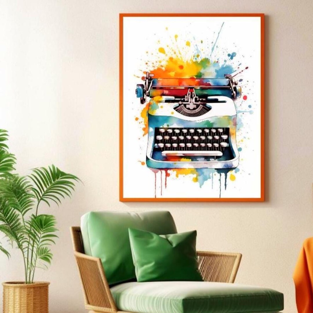 Typewriter Art Print, Retro Watercolor Splatter Style Wall Art ...