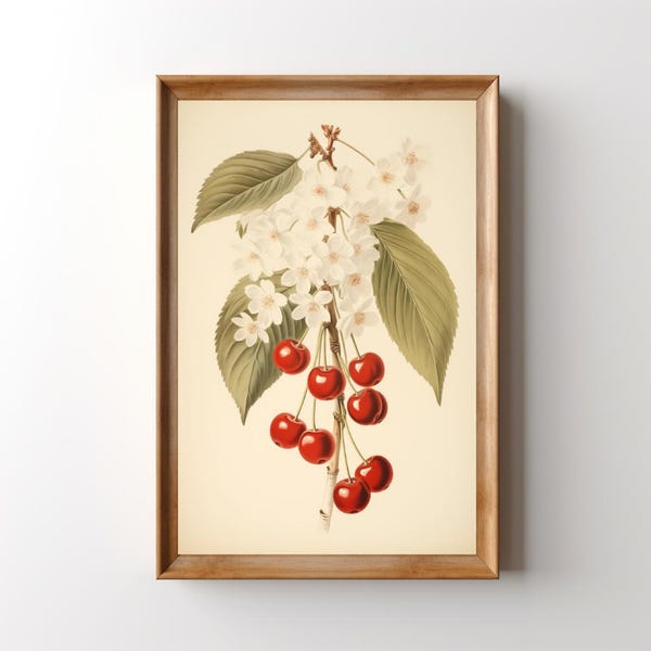 Floral Cherry Print: Botanical Cherries Wall art, Vintage Kitchen Fruit Decor, Retro Cottagecore Poster