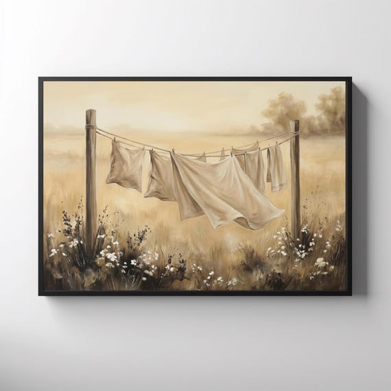 Rustic Laundry Art Print: Farmhouse Clothesline Wall Decor, Horizontal Artwork, Country Home Decor