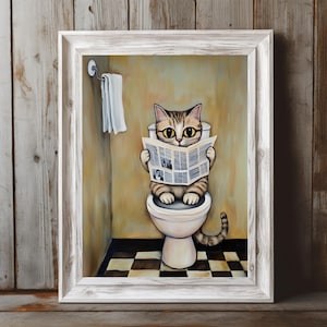 Cute Bathroom Cat Print, Cat on Toilet Painting Art Print, Cat Reading Newspaper Wall Art Washroom Decor Animal Funny Kitten Art Pooping Cat