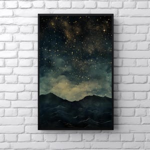 Impresión de cielo de montaña estrellada, arte de pared de cielo nocturno estrellado, impresión celestial de montañas oscuras, póster de decoración de dormitorio de galaxia de montaña de Moody Dark Academia