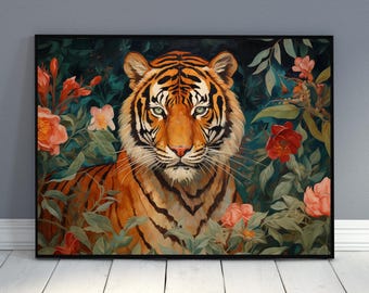 Botanical Tiger Print: Horizontal Floral Tiger Wall Art, Boho Jungle Artwork, Maximalist Decor