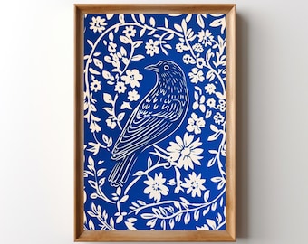 Blue Bird Folk Art Print: Scandi Block Style Wall Art, Scandinavian Decor