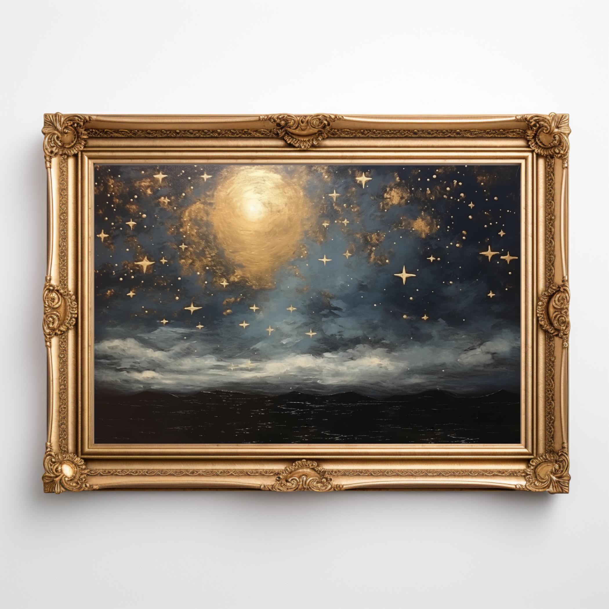 Starry Night Sky Print: Moody Moon Over Dark Water Wall Art, Celestial ...