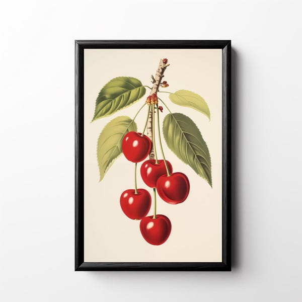 Retro Cherries Print: Cherry Tree Print, Vintage Style Fruit Artwork, Wild Cherries Cottagecore Kitchen Decor