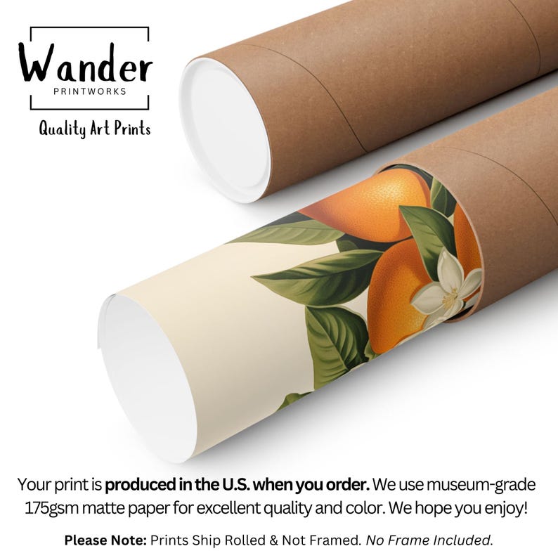 May include: A close-up of a rolled print of a botanical illustration of oranges and leaves. The print is being shipped in a brown cardboard tube. The text "Wander Printworks Quality Art Prints" is visible in the top left corner of the image.