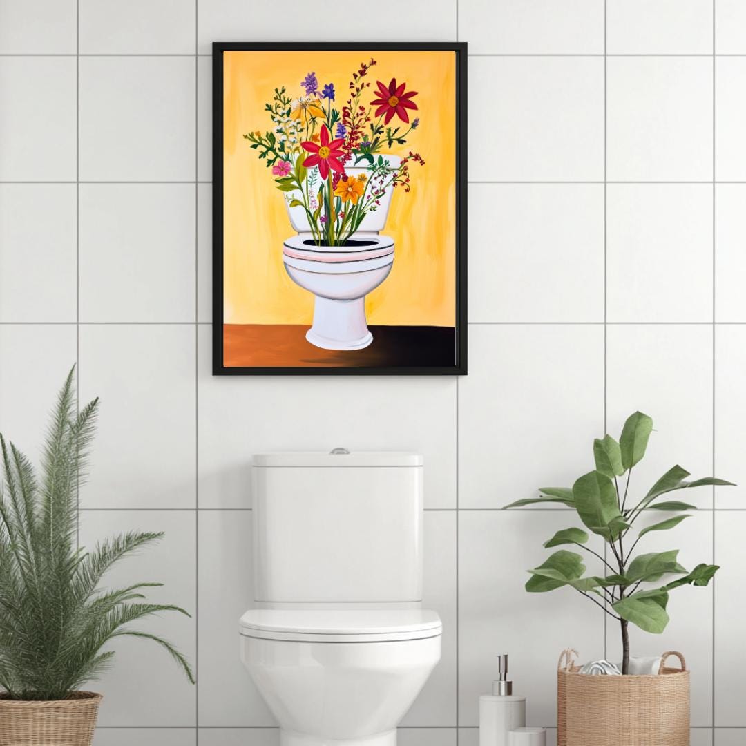 Wildflower Bathroom Art Print, Floral Toilet Whimsical Bathroom Wall ...