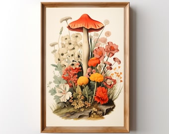 Wildflower Mushroom Print: Retro Mushroom Wall Art, Woodland Cottagecore Decor
