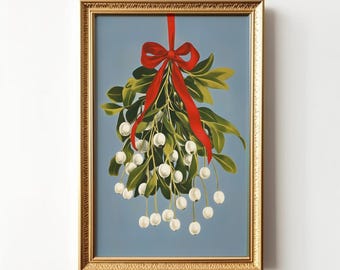 May include: A framed print of mistletoe with white berries, green leaves, and a red ribbon against a blue background. The gold frame adds a classic touch to this festive holiday artwork, perfect for seasonal decor.