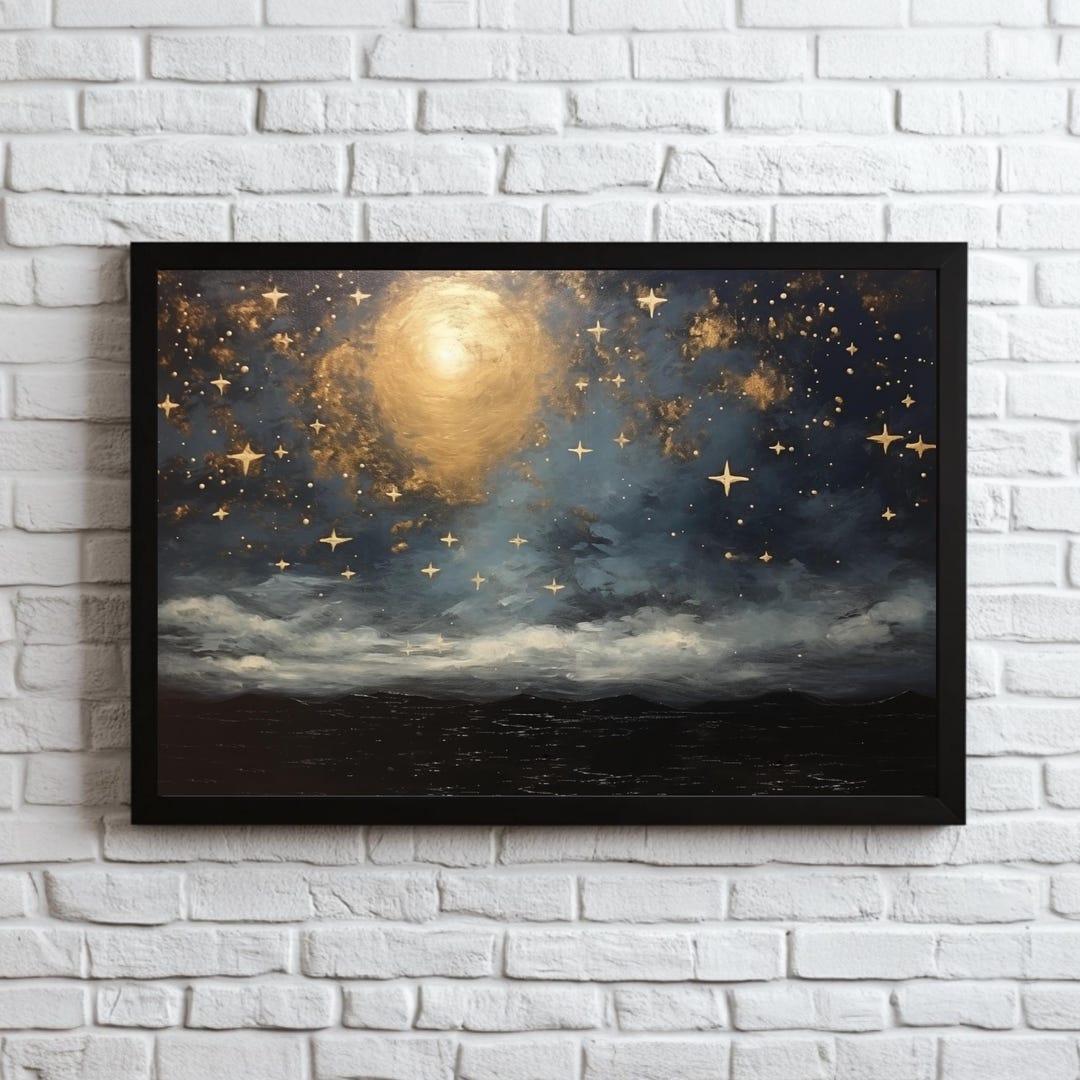 Starry Night Sky Print: Moody Moon Over Dark Water Wall Art, Celestial ...