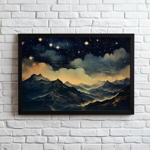 Impresión artística de cielo nocturno estrellado, arte de pared de montañas brumosas con observación de estrellas, póster celestial, pintura de cielo nocturno de brujas retro de la academia oscura, galaxia brumosa