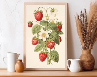 Wild Strawberries Print: Floral Strawberry Wall Art, Cottagecore Fruit Decor, Vintage Kitchen Decor