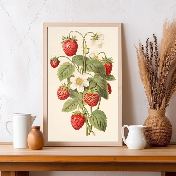 Wild Strawberries Print: Floral Strawberry Wall Art, Cottagecore Fruit Decor, Vintage Kitchen Decor