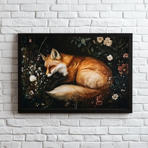 Sleeping Fox Print, Moody Fox Painting Art Print, Botanical Dark Academia Animal Print, Reading Nook Artwork Library Decor Victorian Floral