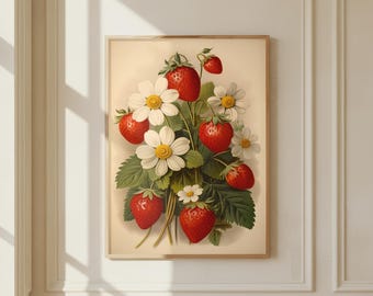 Retro Strawberries Print: Strayberry Daisies Wall Art, Cottagecore Fruit Decor, Woodland Cabin Artwork