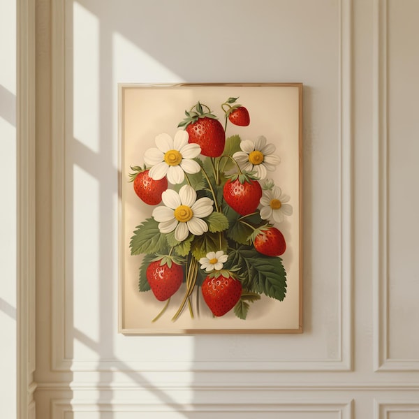 Retro Strawberries Print: Strayberry Daisies Wall Art, Cottagecore Fruit Decor, Woodland Cabin Artwork