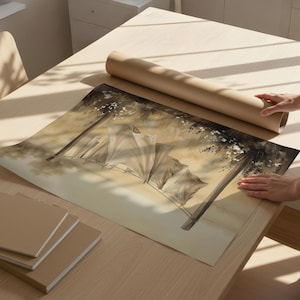 May include: A large rectangular print featuring a sepia-toned illustration of white fabric sheets hanging on a clothesline between two wooden posts. The artwork displays soft, blended brown and cream hues with a focus on the draped fabric texture.