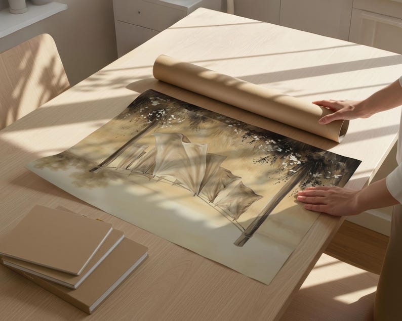 May include: A large rectangular print featuring a sepia-toned illustration of white fabric sheets hanging on a clothesline between two wooden posts. The artwork displays soft, blended brown and cream hues with a focus on the draped fabric texture.