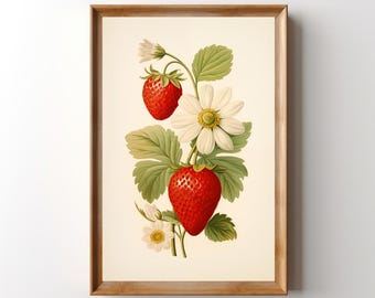 Retro Strawberry Print: Floral Strawberries Wall Art, Daisy Fruit Artwork, Vintage Cottagecore Daisies Poster