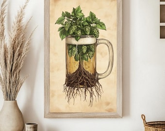 Roots of Beer Art Print: Rustic Craft Beer Wall Art, Brewery Artwork, Vintage Hops Tree Poster